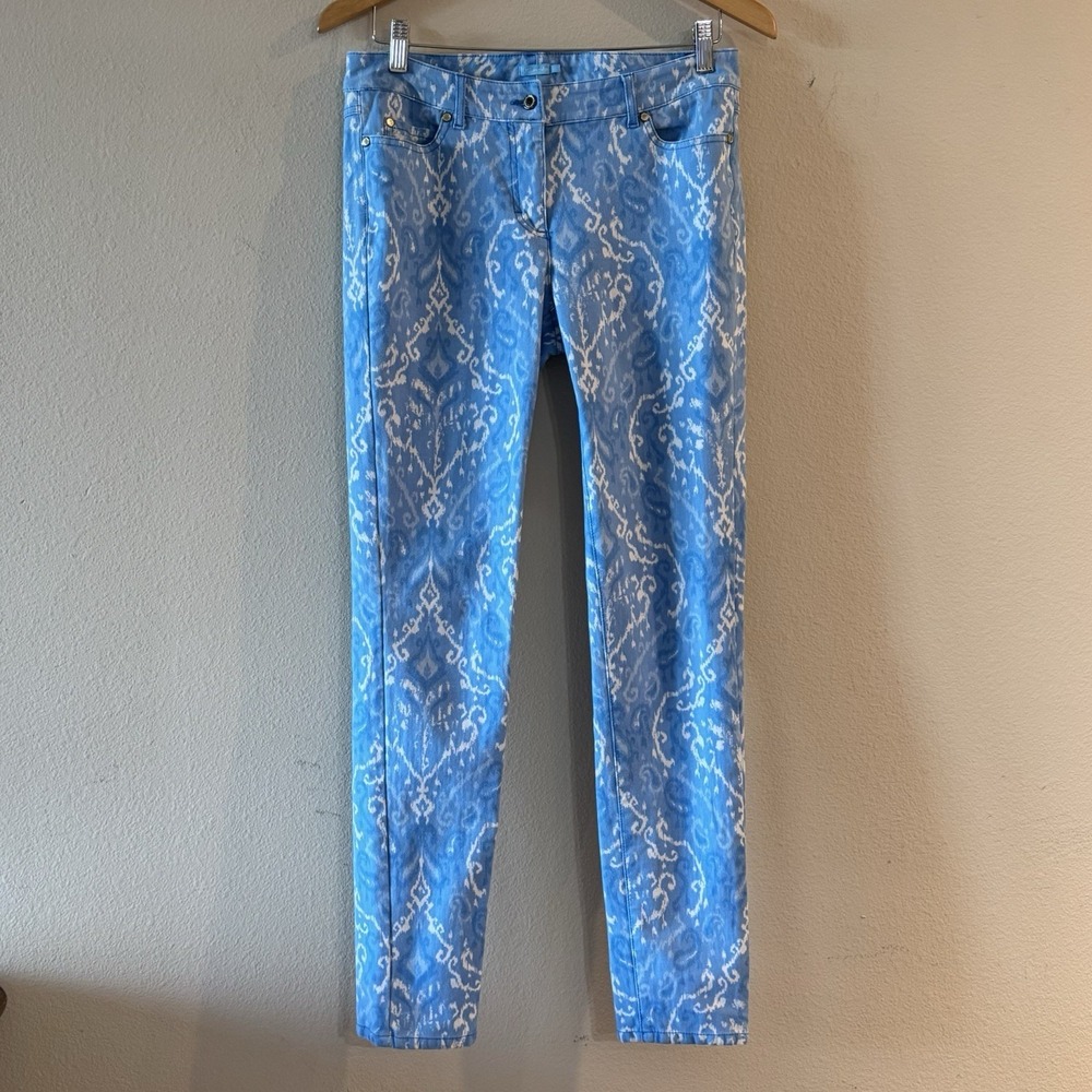 J McLaughlin Lexi Jeans Ikat Print Blue White Straight Stretch Sz 8